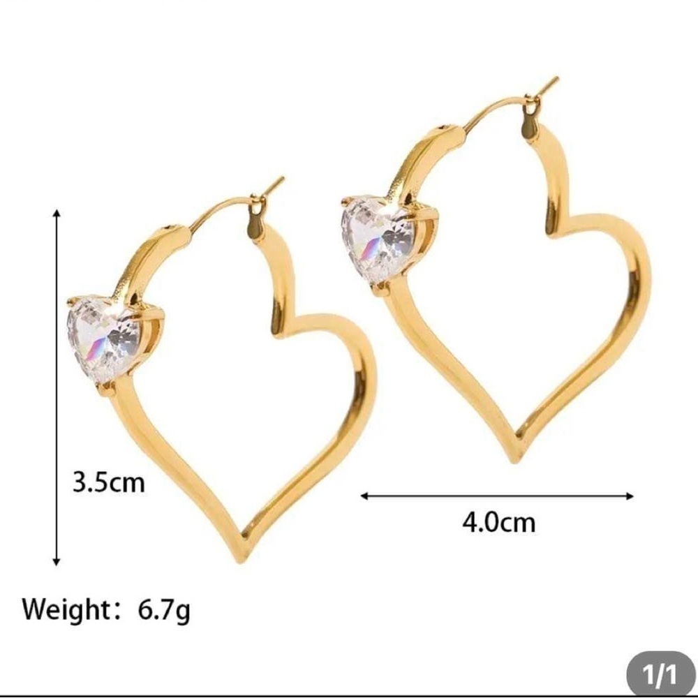 18K Gold Plated Heart Cubic Zirconia Hoop Earrings - Picture 6 of 8